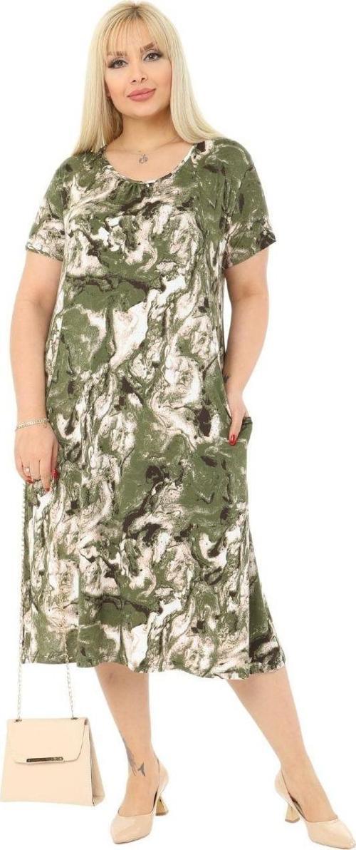 Butik Yeşil Batik Kuplu Cepli Kısa Kol Kadın Midi Elbise