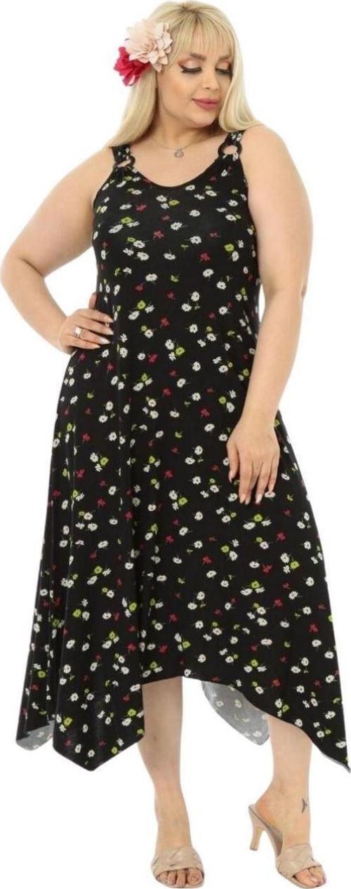 Butik Siyah Papatya Desen Askılı V Yaka Uzun Elbise