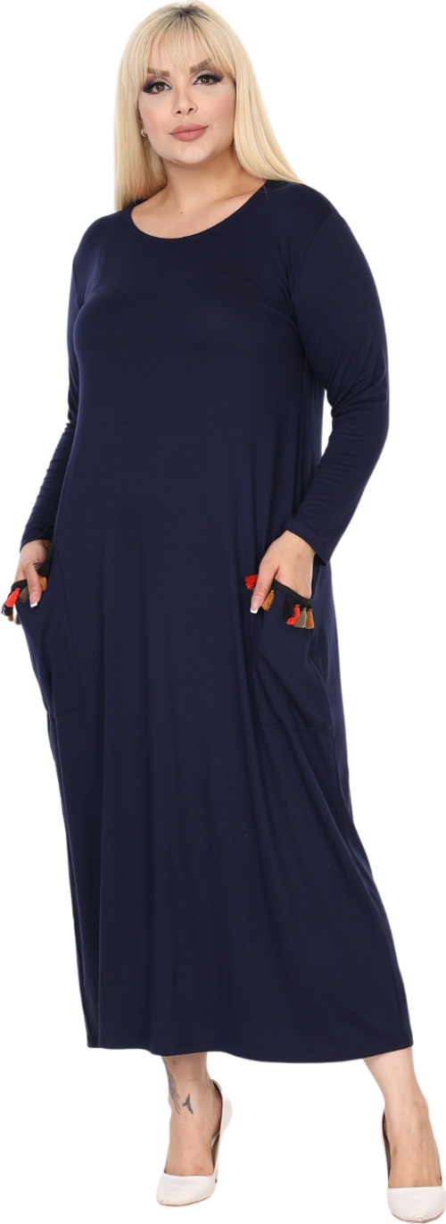 Butik Püsküllü Cepli Kadın Uzun Kollu Lacivert Tesettür Elbise