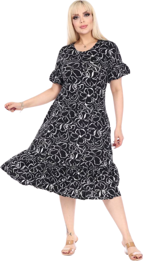 Butik Fırfırlı Kısa Kollu Siyah Çiçek Desenli Cepli Elbise