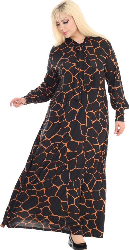 Butik Fularlı Siyah Taş Desen Uzun Kollu Büyük Beden Kadın Elbise