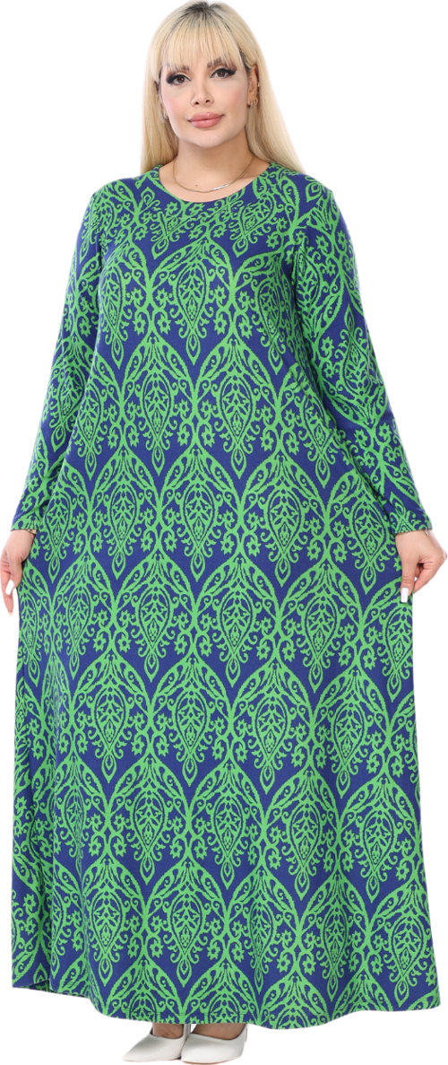 Butik Yumoş Kumaş Yeşil Dantel Desen Uzun Kollu Kadın Tesettür Elbise