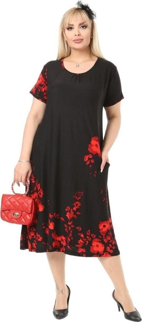 Butik Gelincik Desen Cepli Kısa Kol Kadın Midi Elbise
