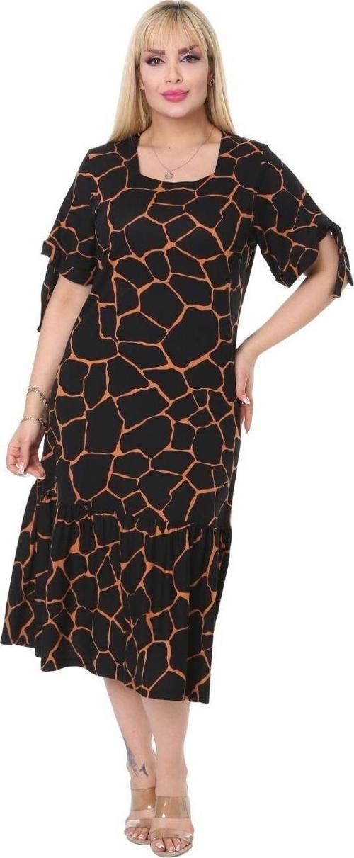 Butik Geometrik Bağlamalı Kısa Kol Siyah Kadın Midi Elbise