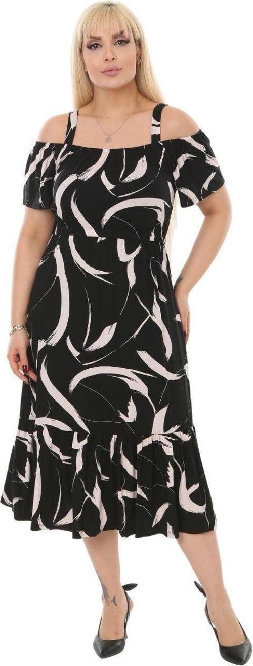 Butik Siyah Tüy Desen Askılı Madonna Yaka Midi Elbise