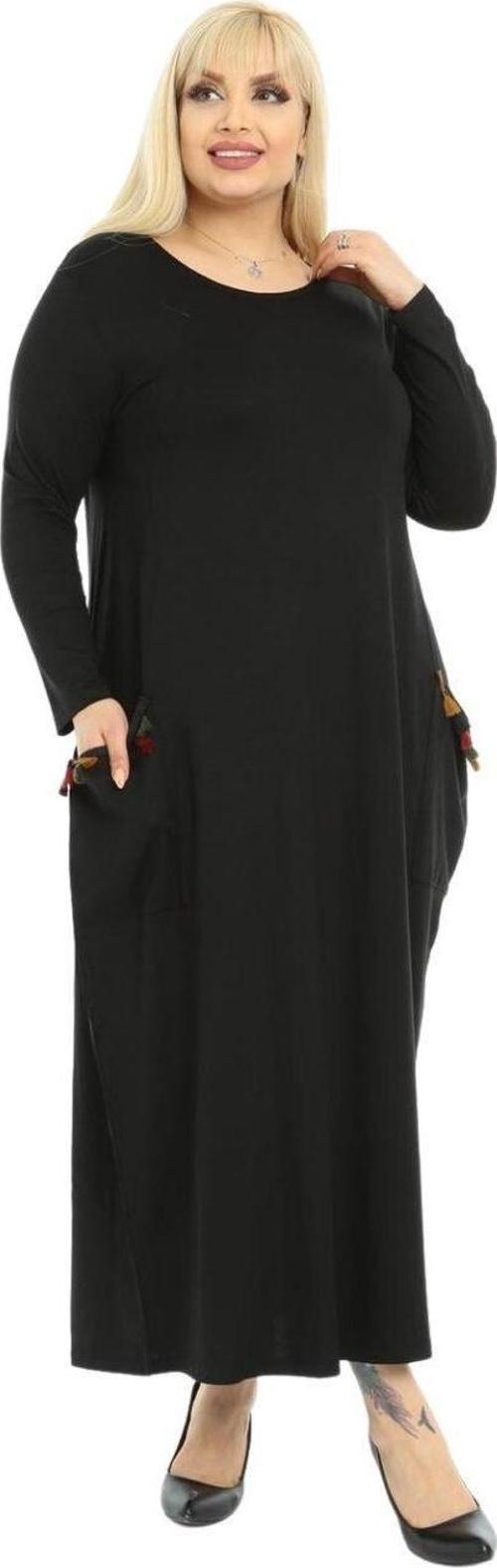 Butik Püsküllü Cepli Kadın Uzun Kollu Siyah Tesettür Elbise