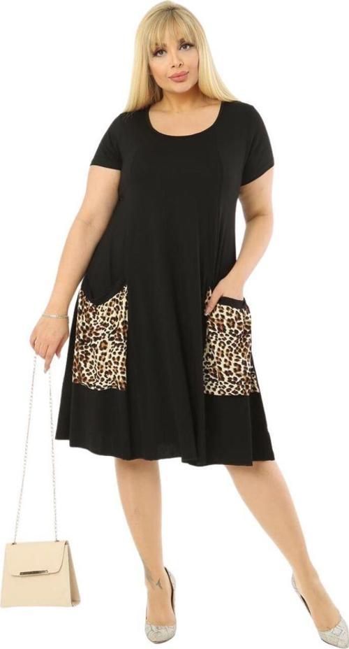 Butik Balon Cepli Leopar Desen Kısa Kollu Midi Elbise
