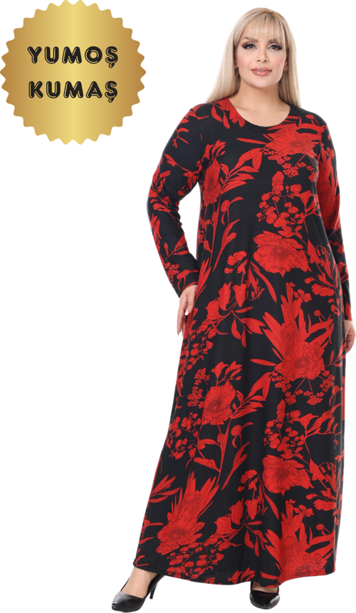Butik Yumoş Kumaş Kırmızı Tropik Desen Uzun Kollu Kadın Tesettür Elbise