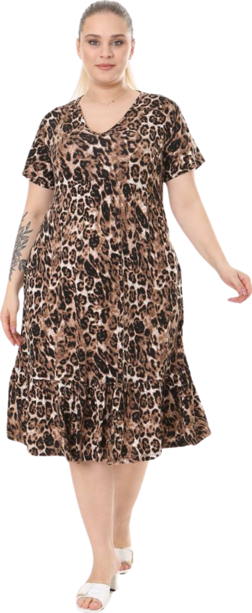 Butik Göğüsten Robalı V Yaka Kısa Kollu Leopar Desen Cepli Elbise