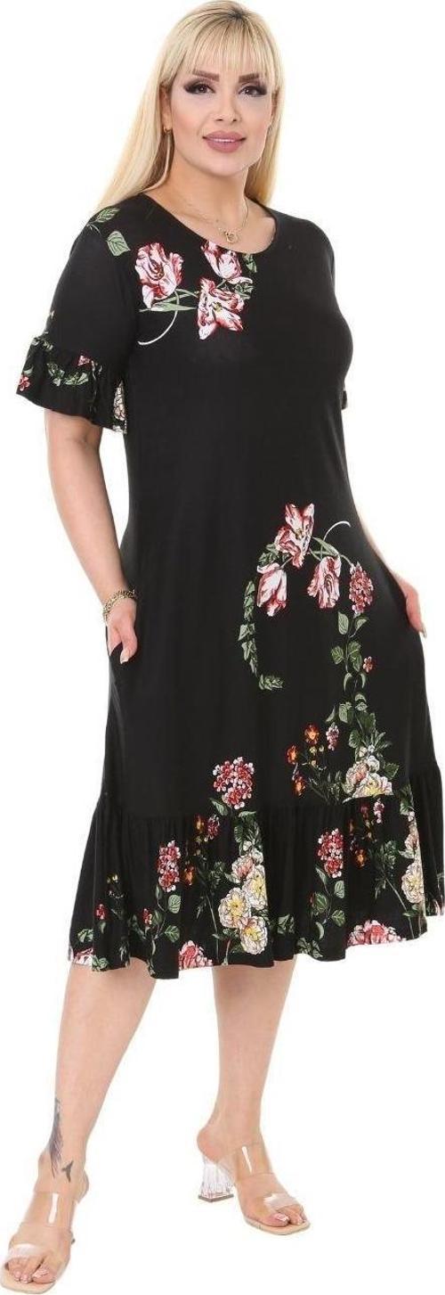 Butik Siyah Pembe Çiçekli Fırfır Detaylı Kısa Kollu Midi Elbise
