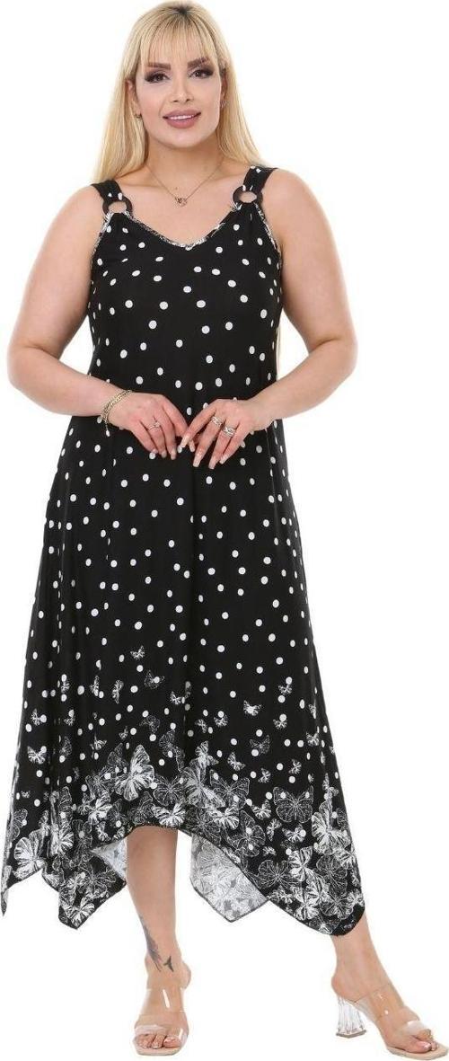 Butik Siyah Puantiye Kelebek Desen Askılı Asimetrik Kesim Uzun Elbise