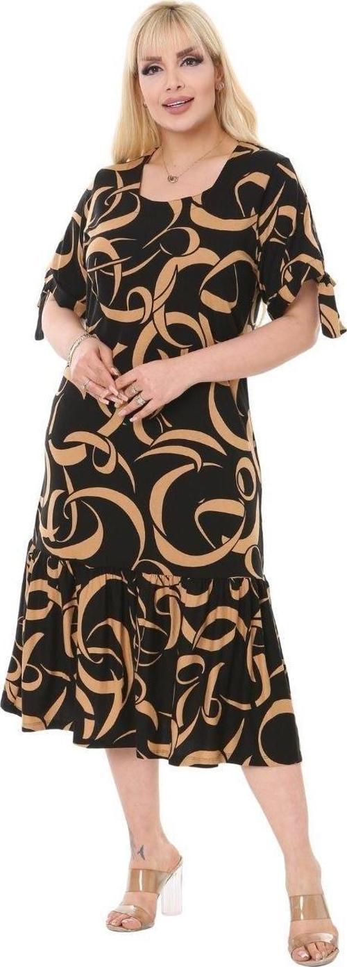 Butik Vizon Dalgalı Desen Bağlamalı Kısa Kollu Kadın Midi Elbise