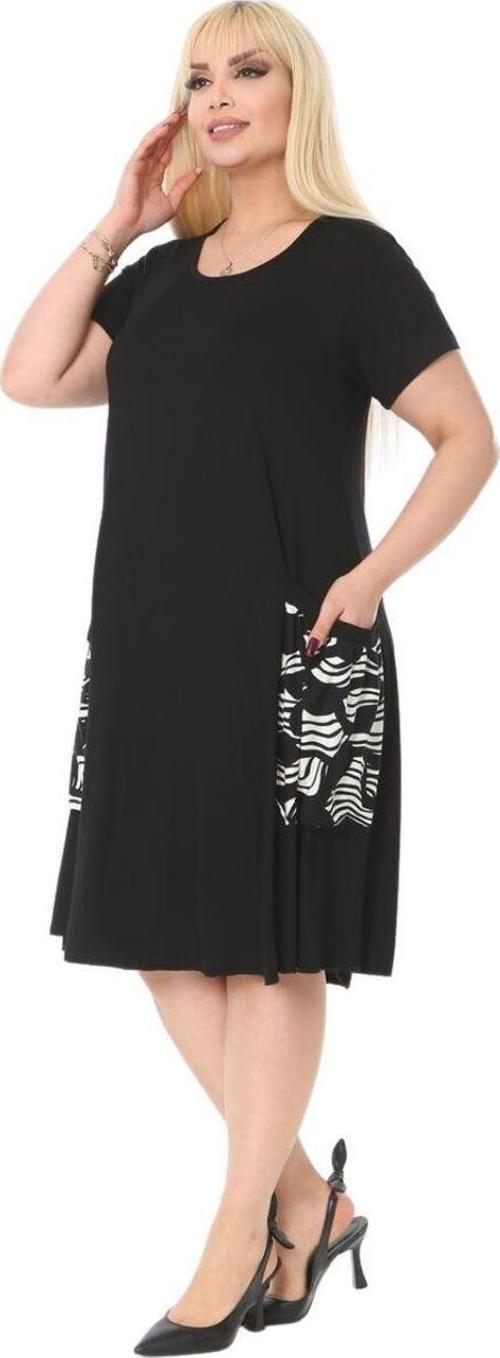 Butik Dalgalı Desen Balon Cepli Kısa Kollu Kadın Midi Elbise