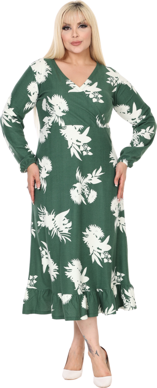 Butik Kışlık Yumoş Kumaş Kruvaze Yaka Yeşil Beyaz Yaprak Desen Eteği Fırfırlı Midi Elbise