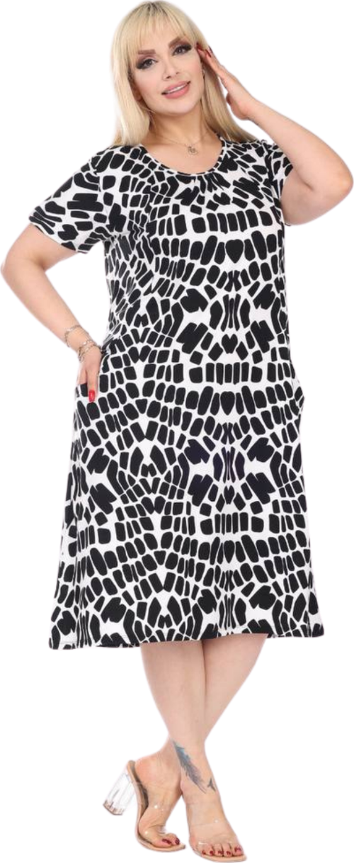 Butik Beyaz Taş Desen Kuplu Cepli Kısa Kol Kadın Midi Elbise