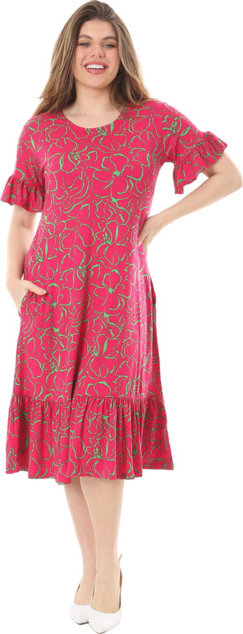 Butik Fırfırlı Kısa Kollu Pembe Çiçek Desenli Cepli Elbise