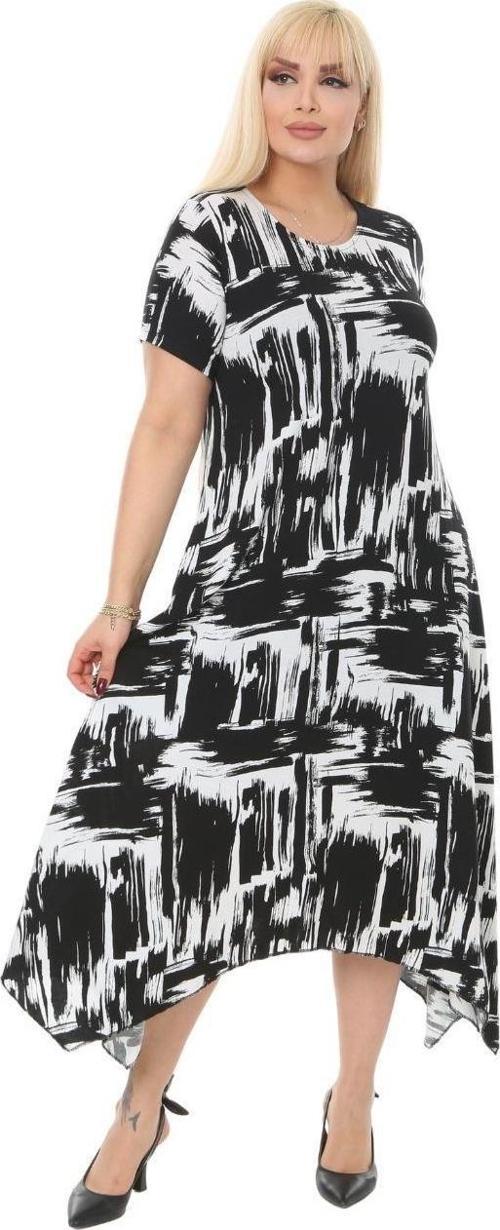 Butik Fırça Desen Asimetrik Kısa Kollu Uzun Elbise