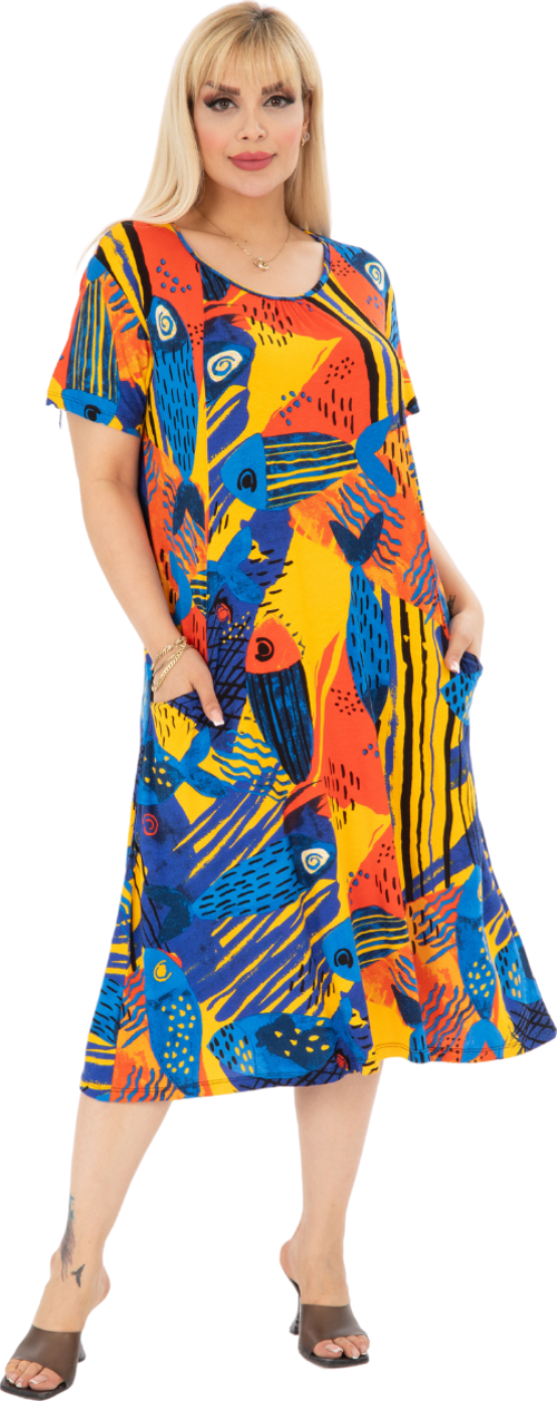 Butik Sarı Balık Kuplu Cepli Kısa Kollu Kadın Midi Elbise