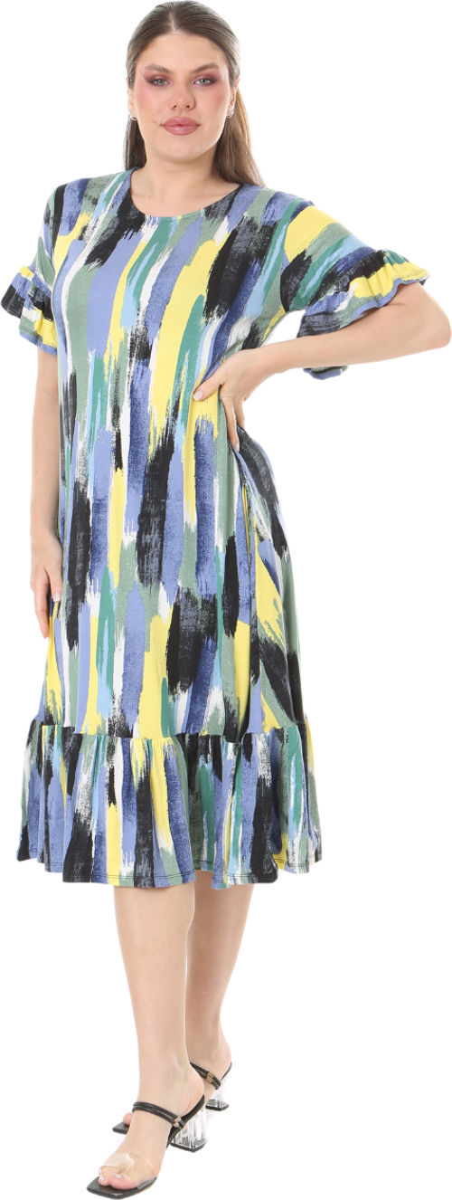 Butik Fırfırlı Cepli Mavi Yağlıboya Desenli Kısa Kollu Midi Elbise