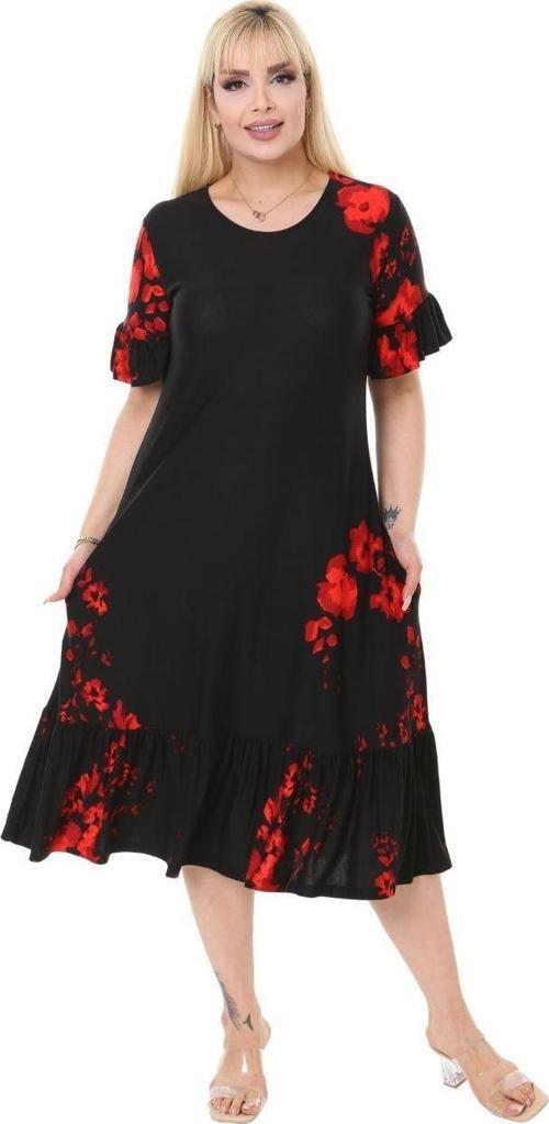 Butik Gelincik Desen Fırfır Detaylı Kısa Kollu Midi Elbise