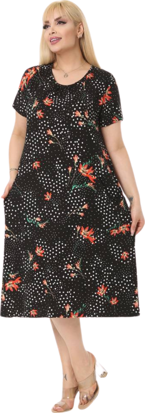 Butik Turuncu Zambak Desen Kuplu Cepli Kısa Kol Kadın Midi Elbise