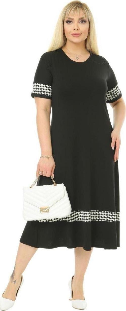 Butik Kazayağı Şerit Detaylı Kadın Büyük Beden Midi Elbise