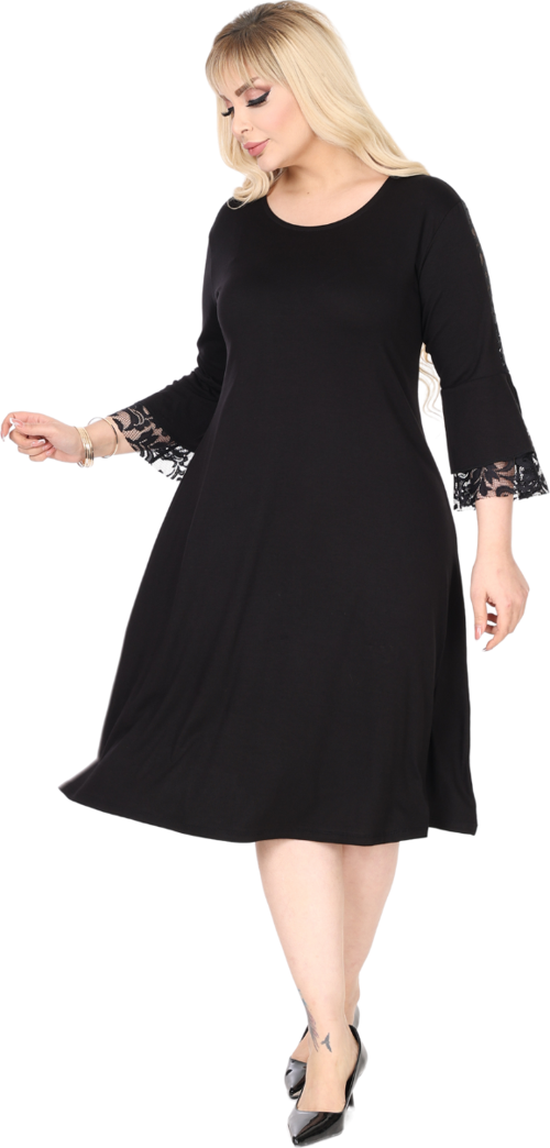 Butik Siyah Bisiklet Yaka Truvakar Kol Dantel Detaylı Abiye Elbise