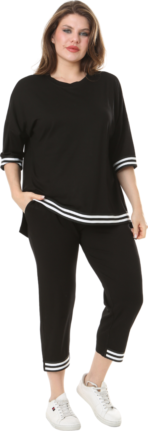 Butik Siyah Bisiklet Yaka Şerit Detaylı Kısa Kollu Beli Lastikli Kapri Takım