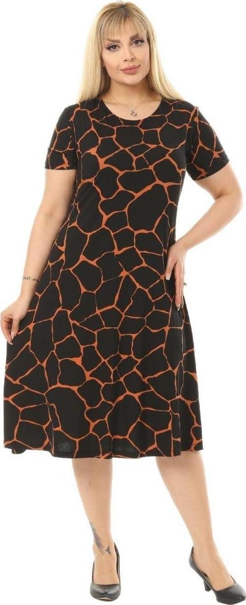 Butik Taş Desenli Kısa Kollu Siyah Büyük Beden Midi Elbise