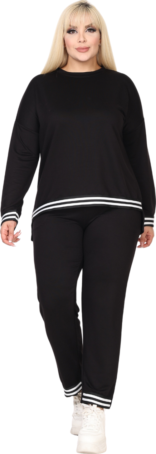 Butik Siyah Bisiklet Yaka Yakası Şerit Detaylı Eşofman Takımı