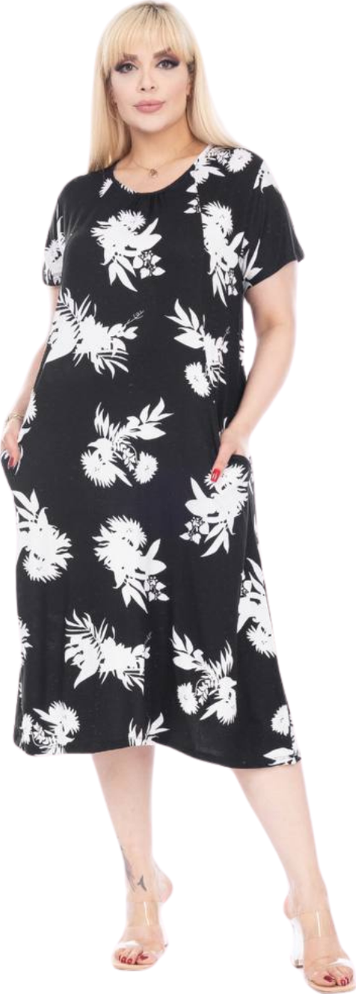 Butik Siyah Beyaz Yaprak Desen Kuplu Cepli Kısa Kol Kadın Midi Elbise