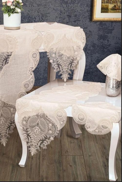 Keten Gardenya Üzerine Ağar Güpürlü Lüx Salon Takımı 5 Parça Krem