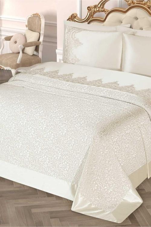 Çift Kişilik Pike Takımı Saten Fonlu 6 Parça Krem
