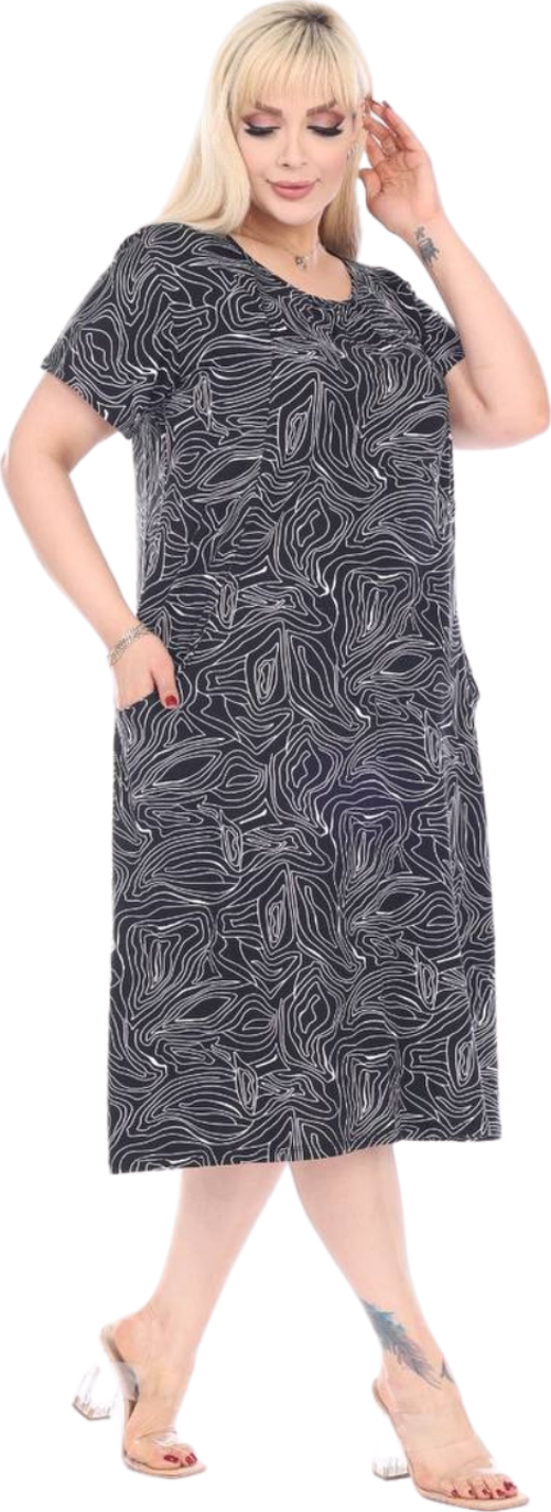 Butik Siyah Zigzag Çizgili Cepli Kısa Kol Kadın Midi Elbise
