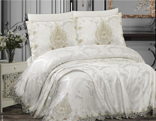 Elegant Çift Kişilik Pike Takımı 6 Parça Krem Gümüş