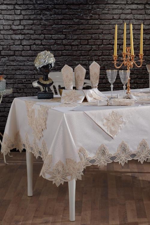 Lale Linen Masa Örtüsü Seti 26 Parça Bej Dertsiz Leke Tutmaz Kumaş