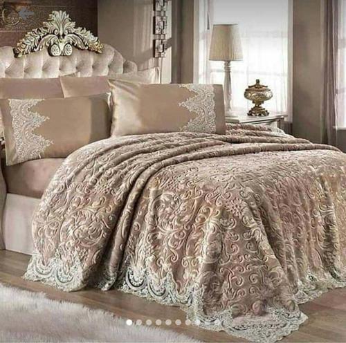 Kahverengi Çift Kişilik Fransız Güpürlü Battaniye Set, Çeyizlik Battaniye Seti