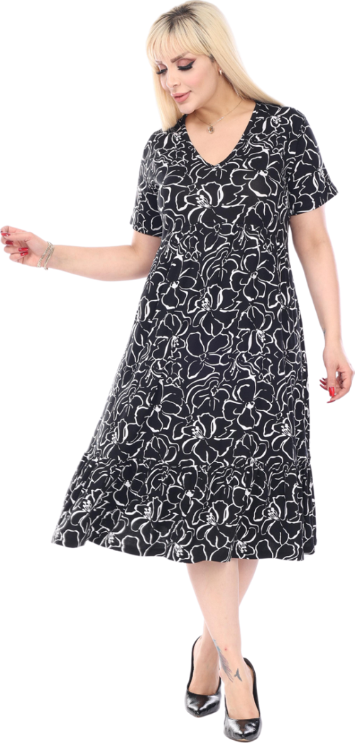 Butik Göğüsten Robalı V Yaka Kısa Kollu Siyah Çiçek Desenli Cepli Elbise