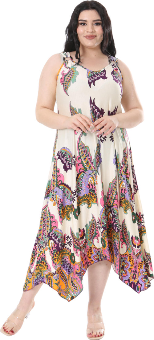 Butik Ekru Renkli Şal Desenli Askılı V Yaka Elbise