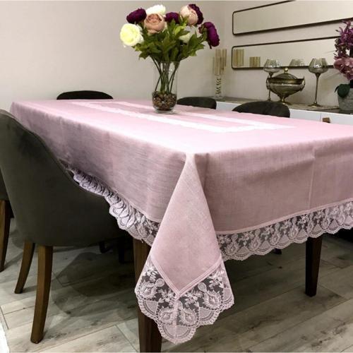 Linen Fransız Dantelli Masa Örtüsü Ortası Göbekli Ağır Model