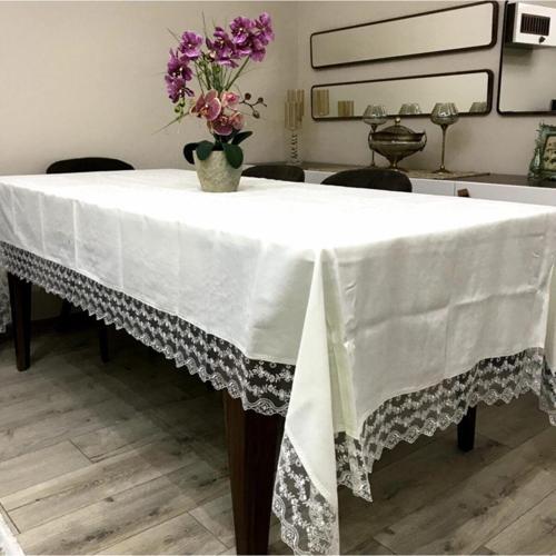 Linen Fransız Dantelli Masa Örtüsü Ortası Göbekli Ağır Model