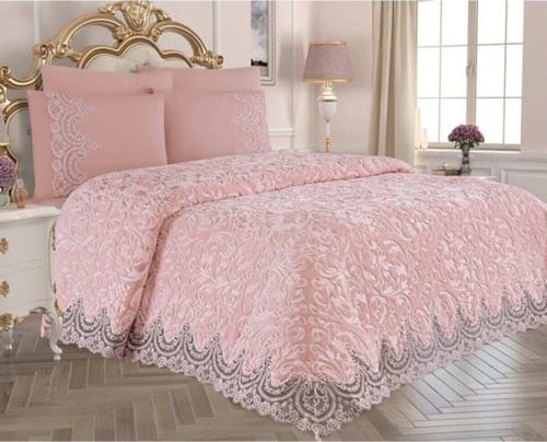 Pembe Steel Home Collection Fransız Dantelli Battaniye Seti 6 Parça