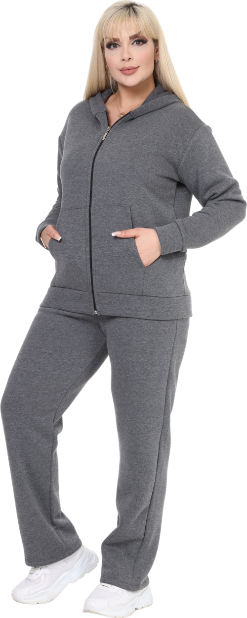 Butik Büyük Beden Koyu Gri Kapşonlu 3 İplik Fermuarlı Eşofman Takımı