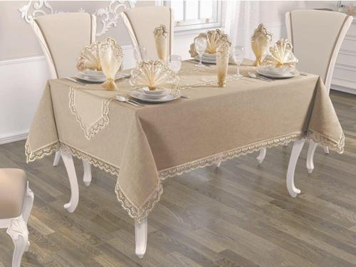 Cappucino Linen Simli Keten Kumaş Güpürlü Dertsiz 18 Parça Masa Örtüsü Takımı