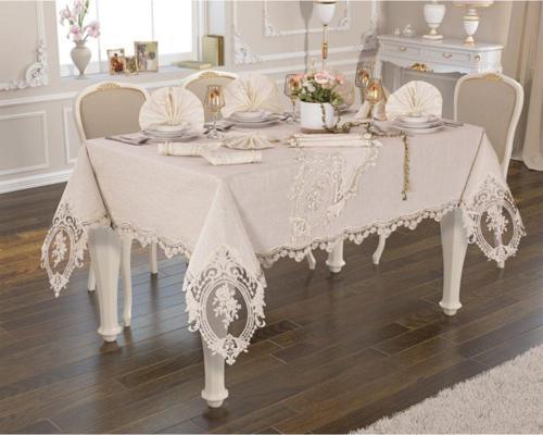 26 Parça Linen Busem Fransız Dantelli Yemek Seti Krem