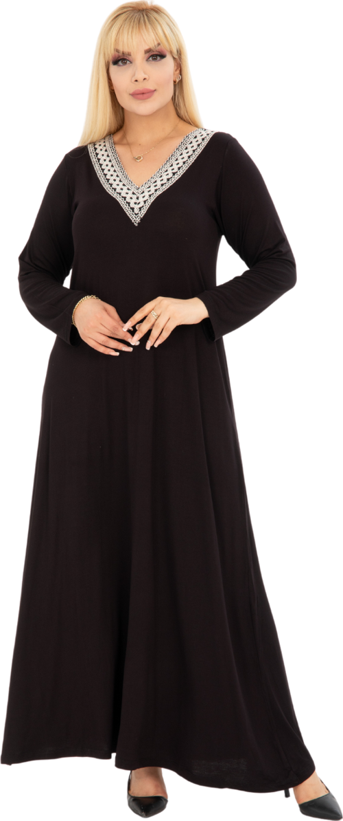 Butik Siyah V Yaka Dantel Detaylı Uzun Kollu Elbise