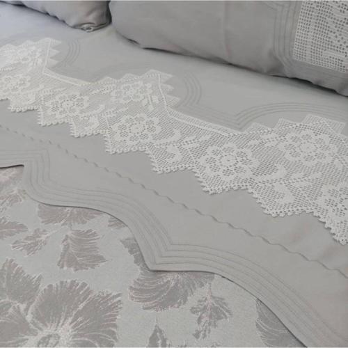 El Işi Dantel Pike Takımı Çarşafıda Dantelli - Gümüş Gri