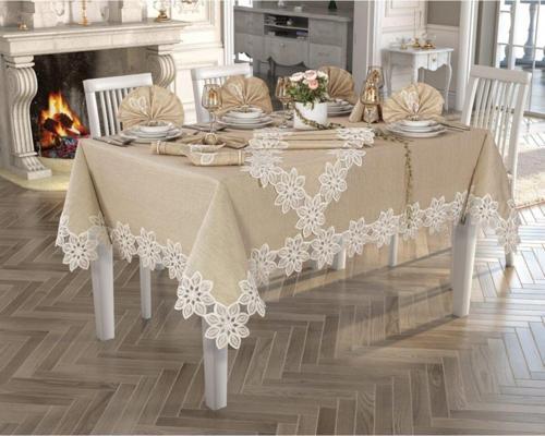 26 Parça Etuval Linen Şeyma Fransız Dantelli Yemek Seti Cappuchino