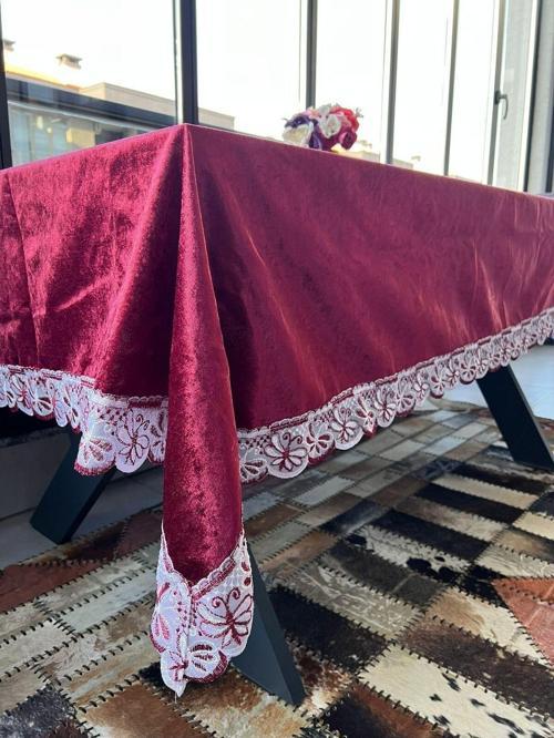 Bordo Özel Güpürlü Kadife Masa Örtüsü 160X220