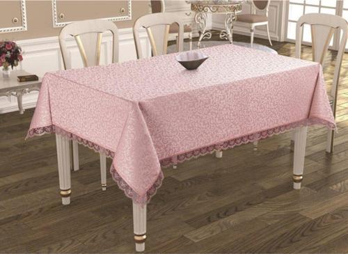 Fransız Dantelli Lüx Kdk Masa Örtüsü 160X220Cm - Pembe